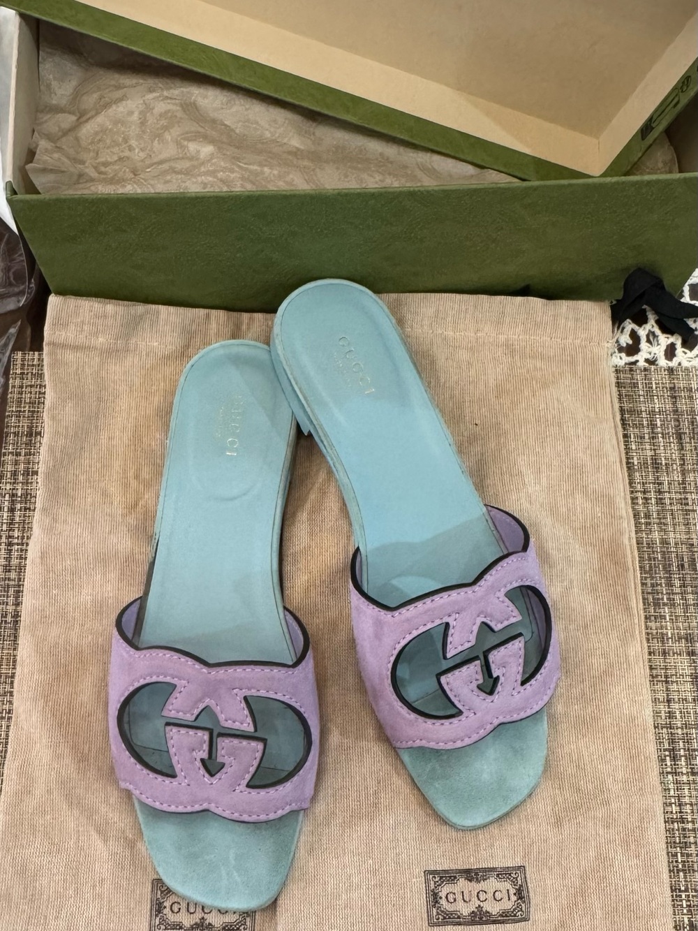 Gucci Lavender Suede Slide Mules with Pale Teal Insole